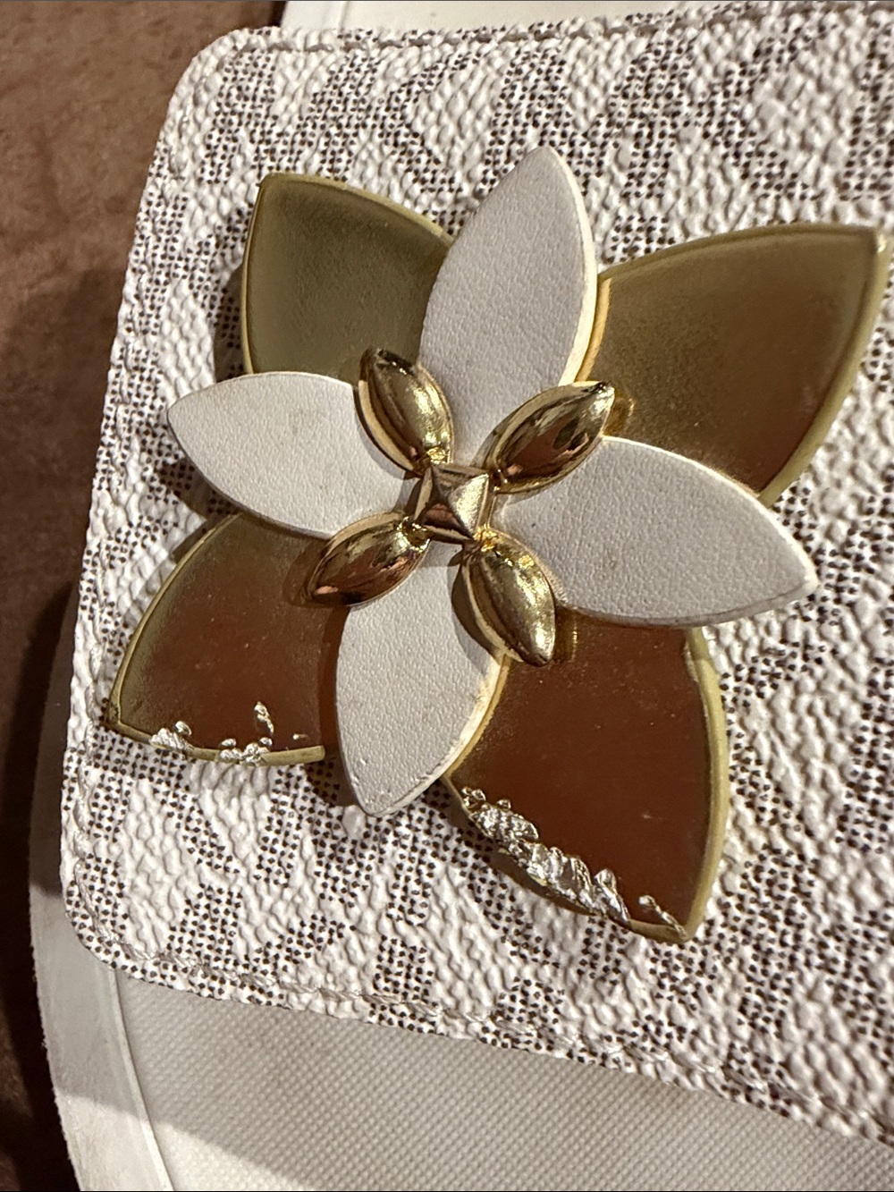 Michael Kors Ivory Logo Slide Sandals with Gold Floral Accent - Picture 3 of 7